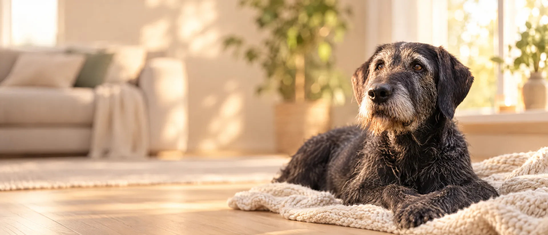 Senior hond rust op een deken in de woonkamer